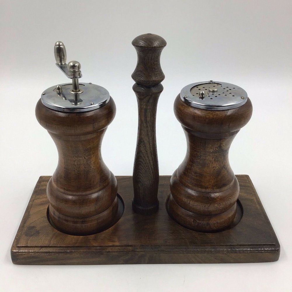 Vtg Artwood Mid Century Wood Pepper Mill Grinder & Saltshaker Stand Holder Japan